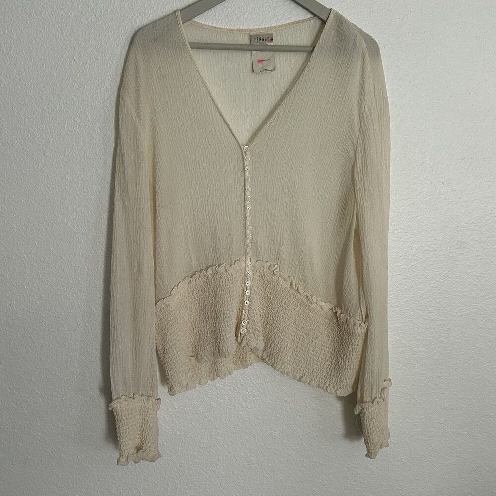 Louis Feraud Vintage Cream Ivory Silk Blouse‎ Womens Button VNeck Ruched  Sz 12